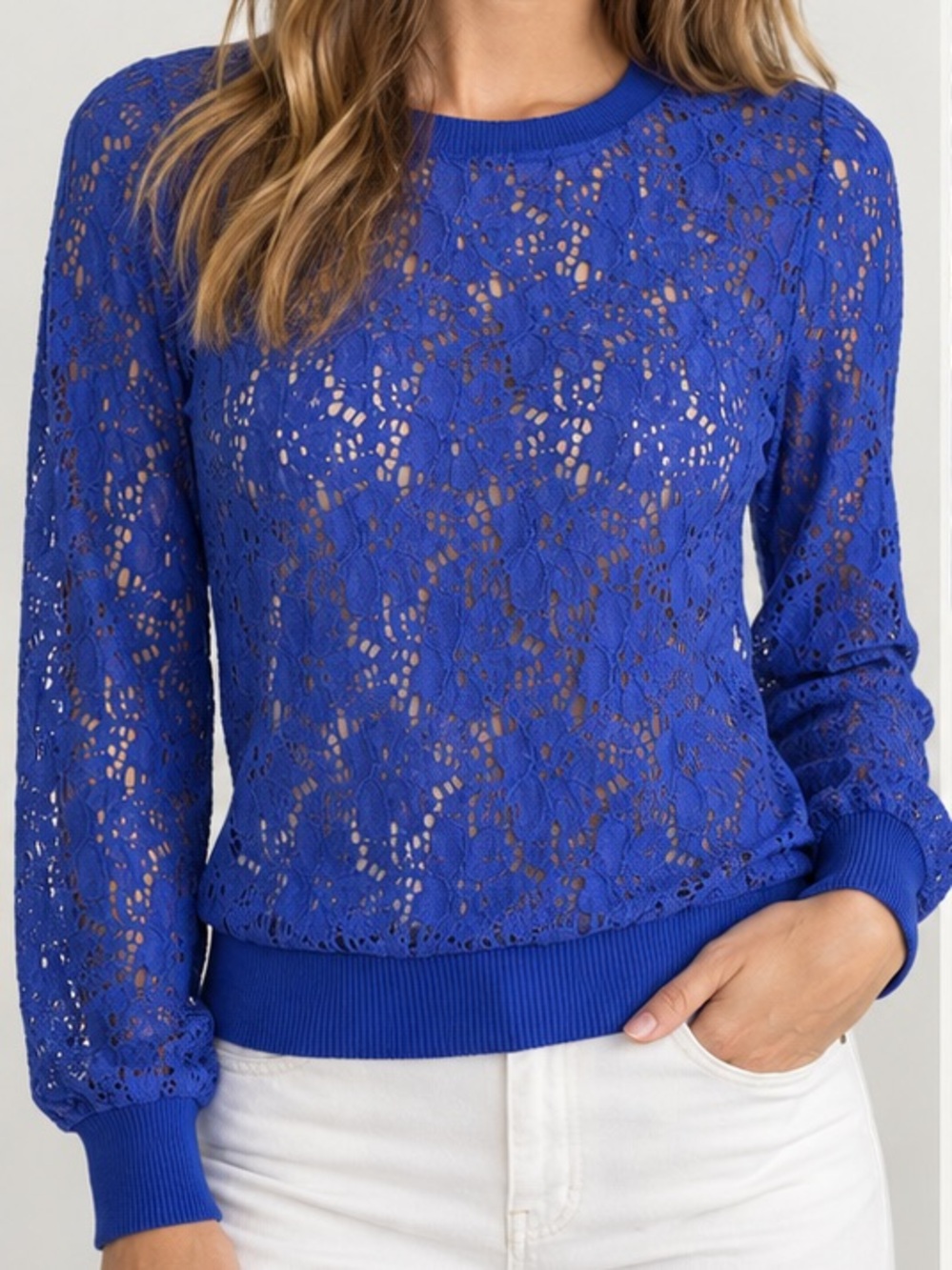 Stella & Dot Blue Floral Lace Sheer Long Sleeve Sweater Top Size Small S